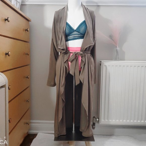 Faux Suede Long Cardigan Tie Waist Versatile Robe - Picture 1 of 12